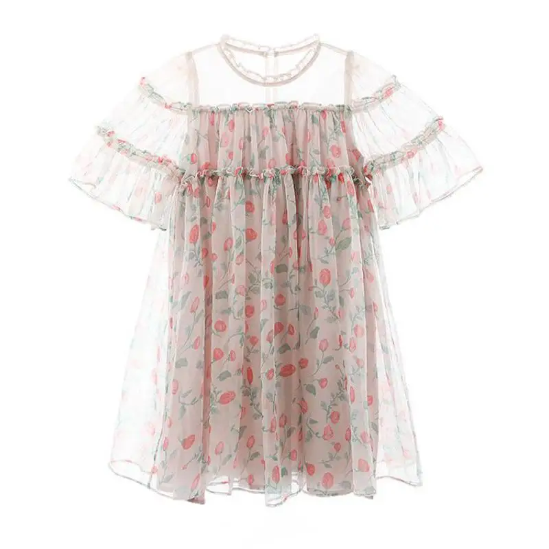 

Summer Light Dress For Girls Fashion Floral Print Mesh Loose Hem Gowns Kids Holiday Vacation Casual Dresses Children's Clothing