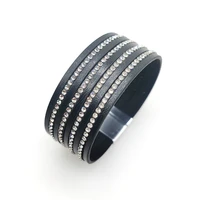 black color leather bracelets for women femme crystal lined boho wide wrap bracelets bangles bracelet female jewelry