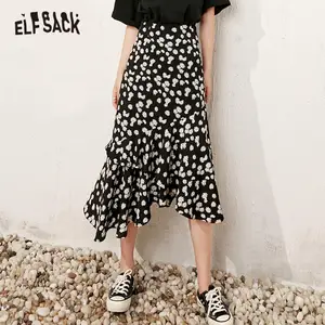 Женские миди юбки ELFSACK, черные трапециевидные юбки с цветочным принтом ромашек, с высокой талией, повседневные, с оборками, в Корейском стиле, лето 2020