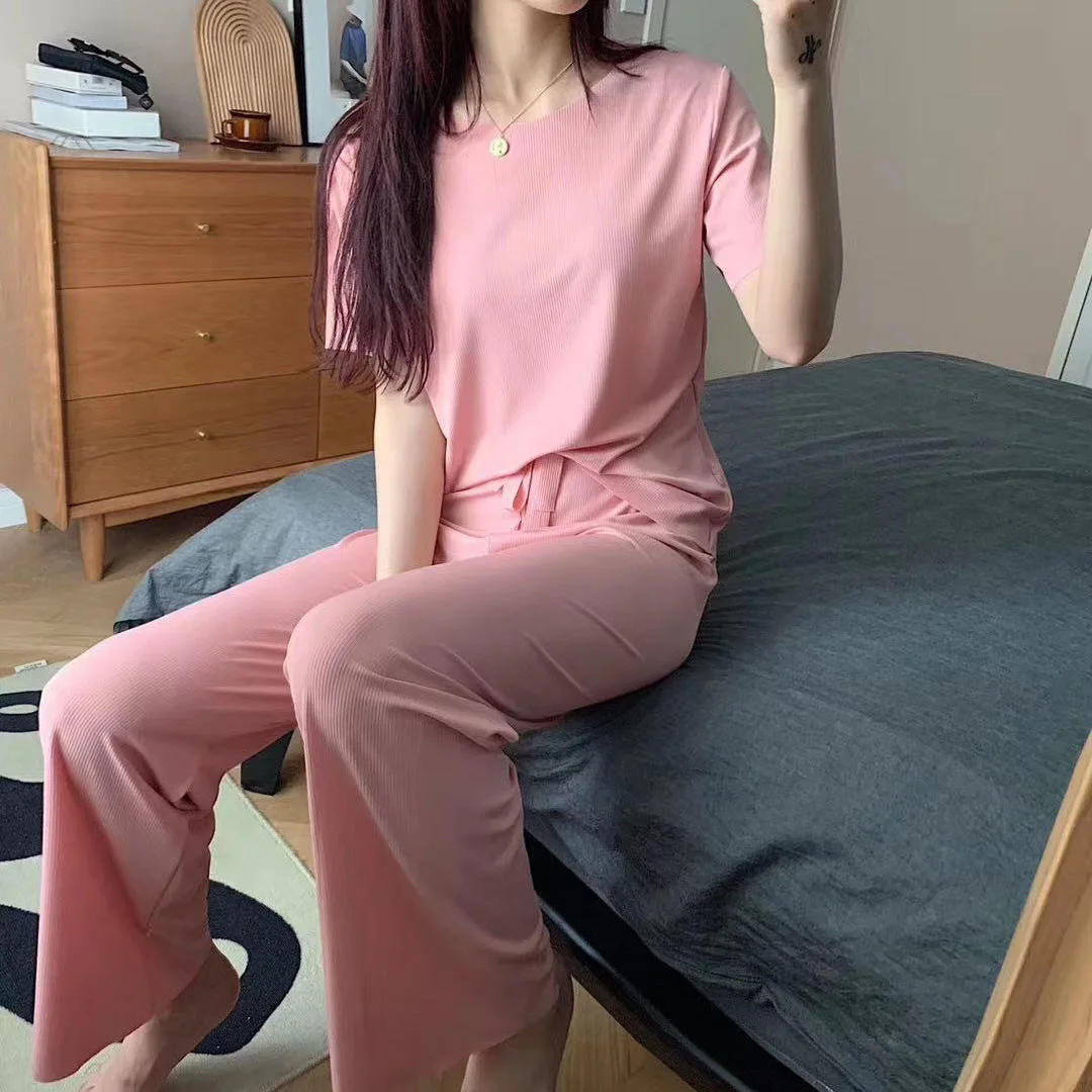 

Ice Silk Pajamas Women's Summer Thin Short-sleeved Trousers Two-piece Loose Large Size Sexy Home Service Can Be Worn Outside