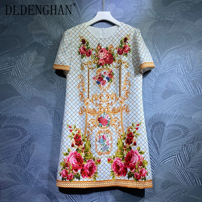 

Модельное дизайнерское Летнее мини-платье DLDENGHAN, женские платья с круглым вырезом и коротким рукавом, бисером и винтажным принтом