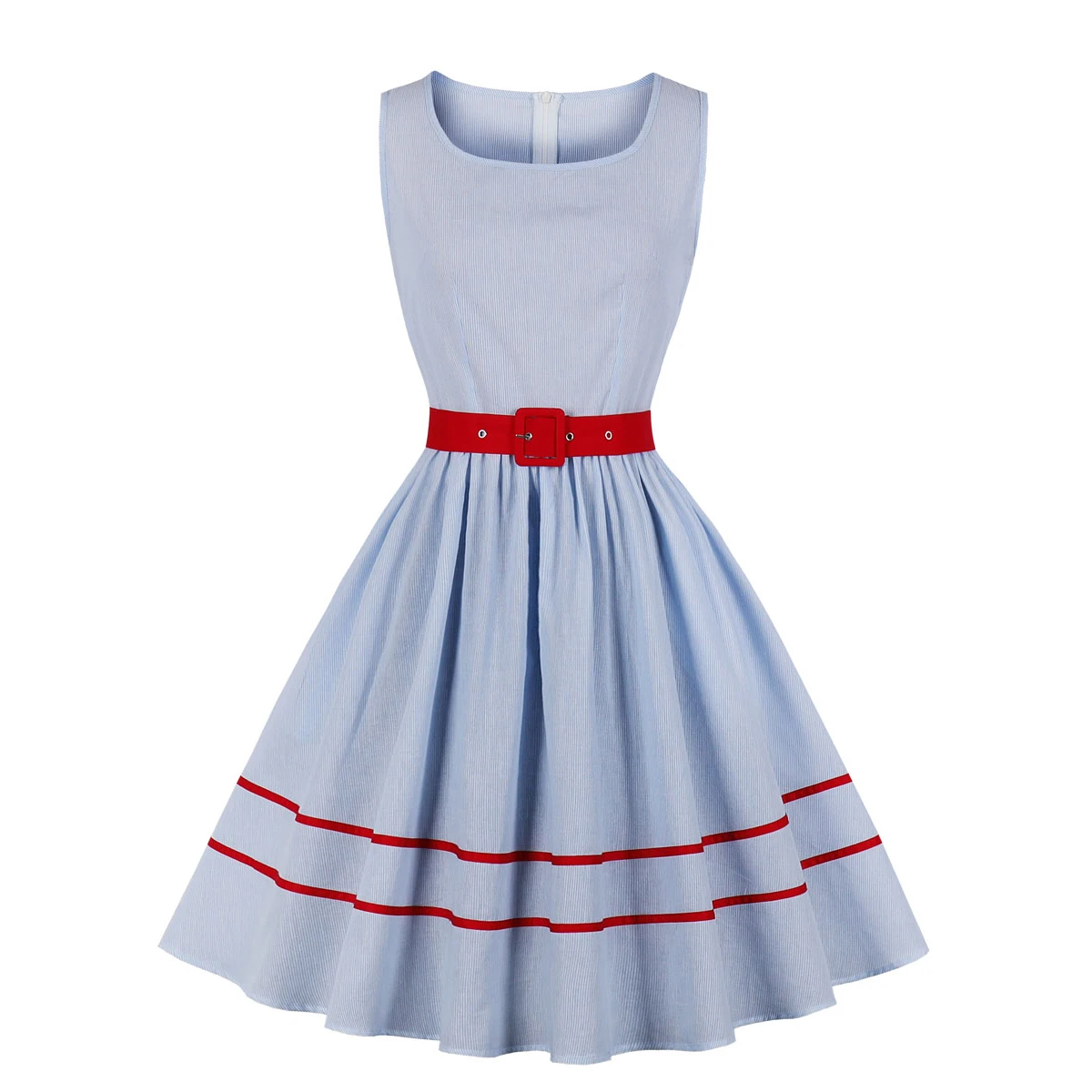 Женское винтажное платье в матросскую полоску красное без рукавов с поясом стиле