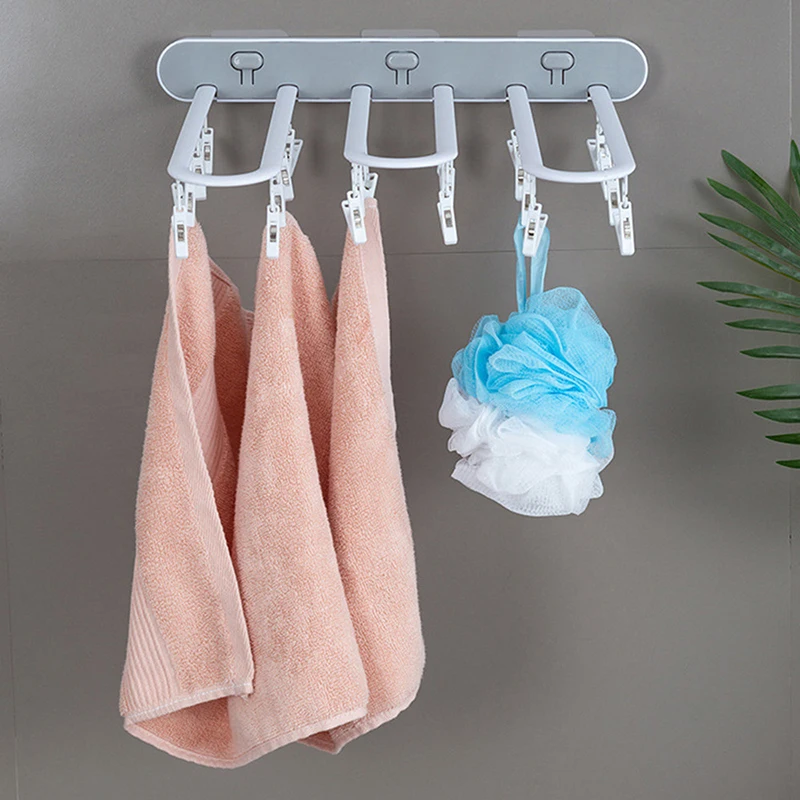 

Wall Mounted Towels Clothes Storage Hanger with 24 Clips Underwear Bras Socks Drying Rack Bathroom Clothing Peg Hook Airer Dryer