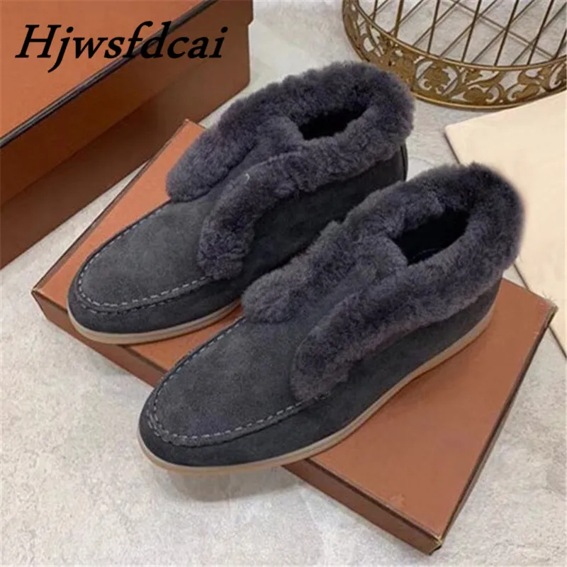 

Hjwsfdcai Real Suede Ankle Boots Women High Top Slip On Wool Fur Snow Boots Winter Warm Comfortable Round Toe Women Flat Shoes