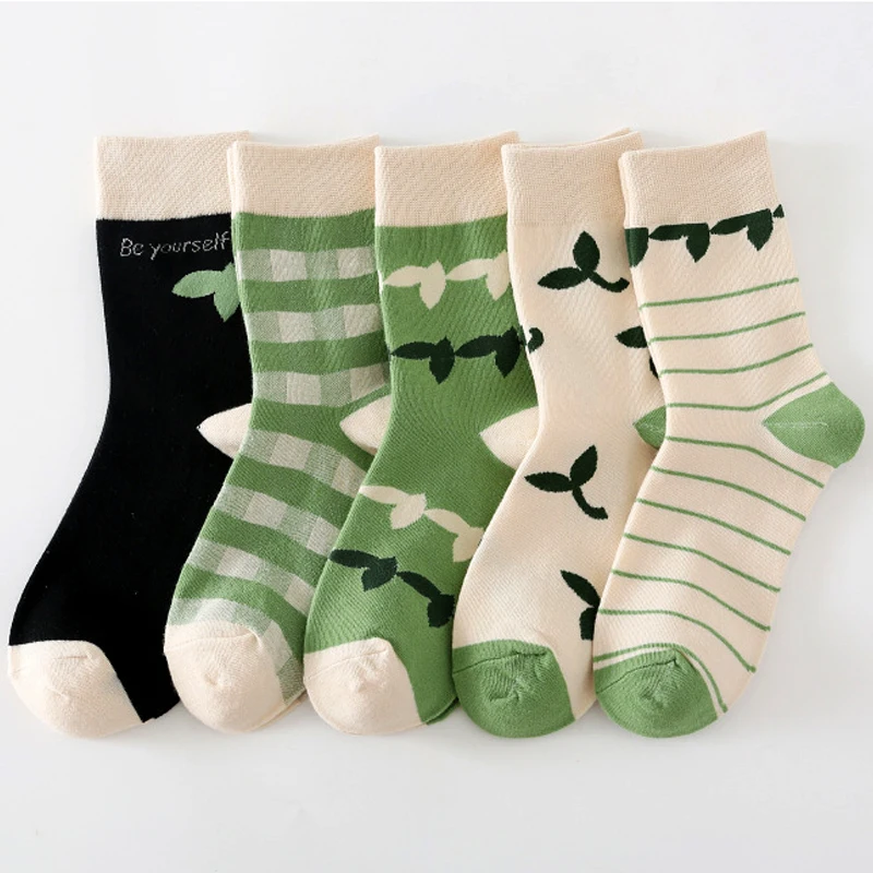 

Милые женские клетчатые носки в стиле колледжа с зелеными полосками авокадо, удобные дышащие женские носки для осени и зимы