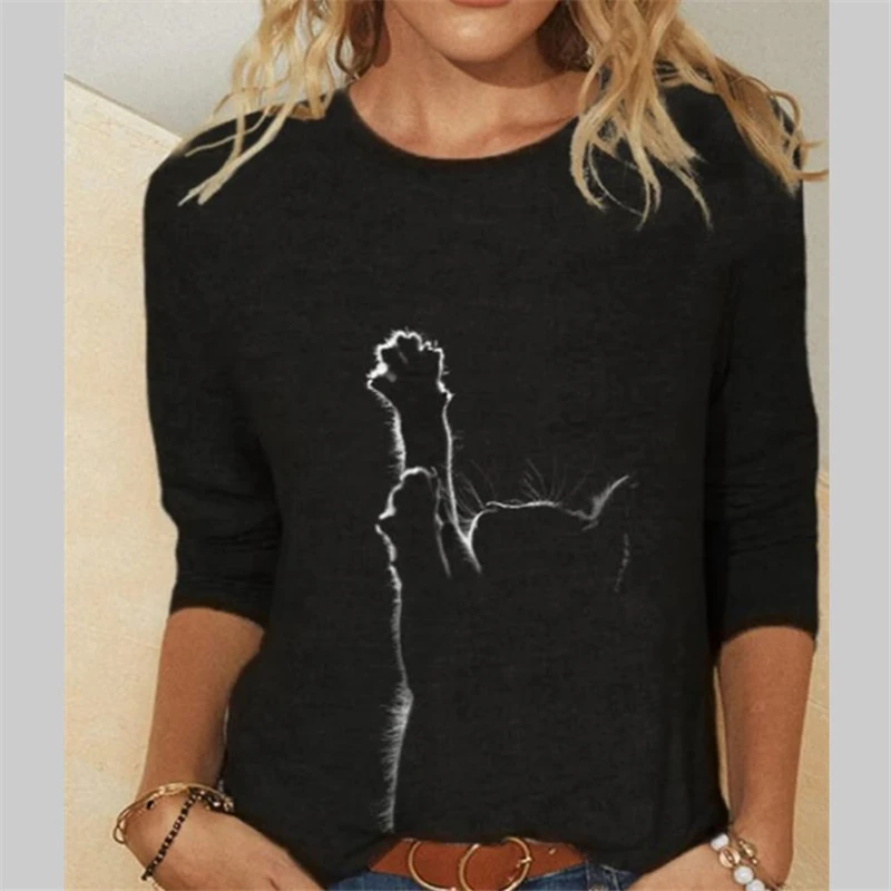 Women Clothes Spring Summer Casual  Women's Clothing Funny Cute Cat 3D Print Long Sleeve T-Shirts Female Ladies Fashion Tops