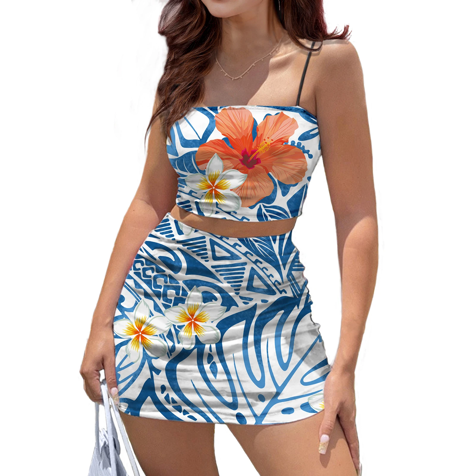 

HYCOOL светильник-голубой полинезийский дизайн, женский укороченный топ, комплект из двух предметов, юбка, женское летнее сексуальное облегающее платье без рукавов с лямкой на шее