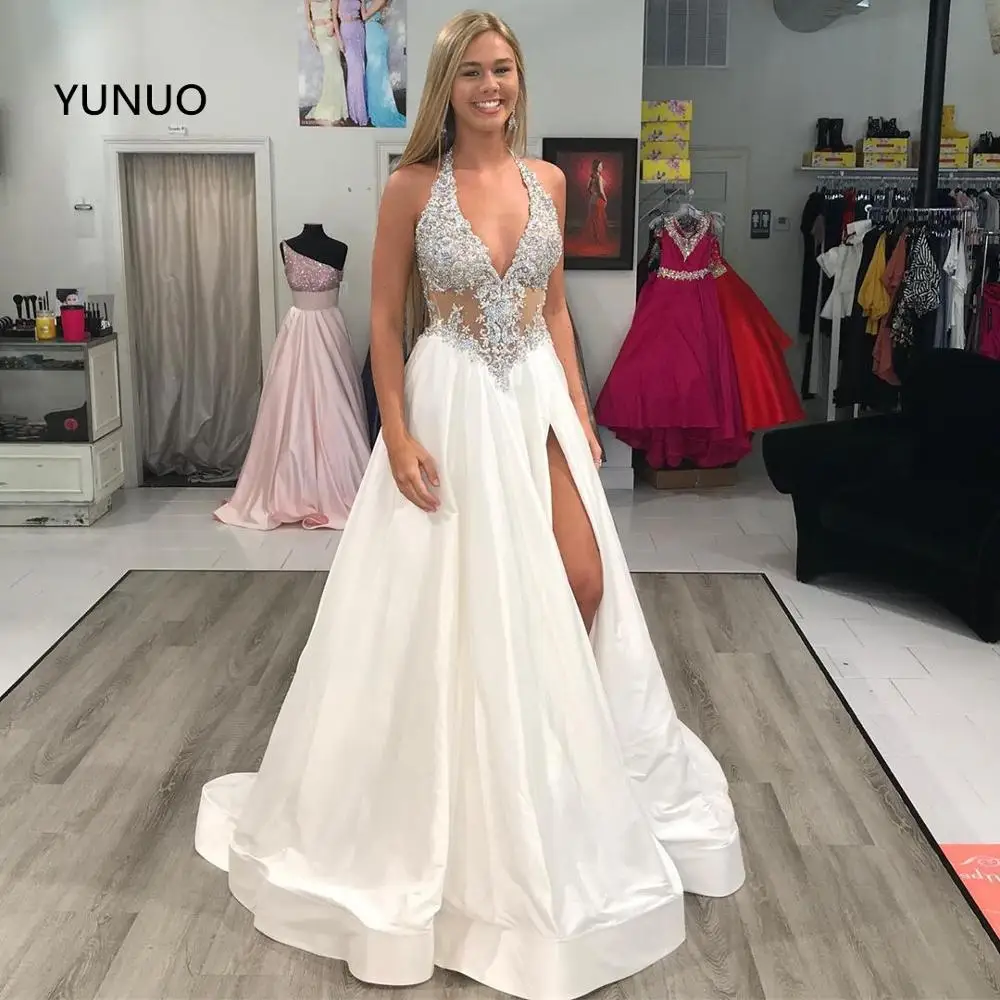 Сексуальные вечерние платья YUNUO с высоким разрезом длинные вышитые бисером