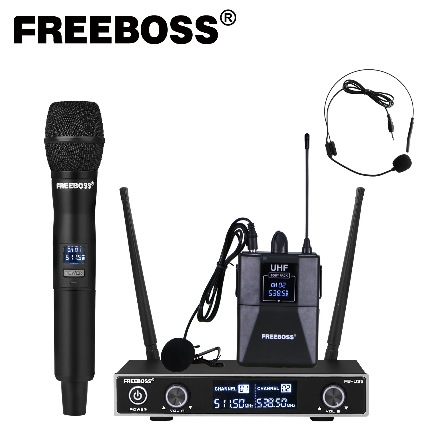 

Двухсторонний UHF беспроводной микрофон Freeboss FB-U35H с фиксированной частотой, ручной, с лацканами, гарнитура для караоке