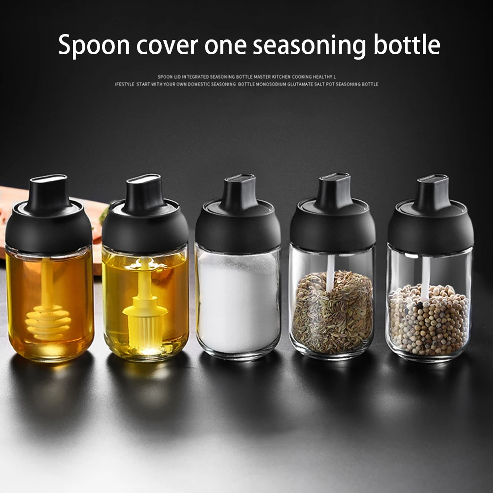 

1PC Spice Jar Sealed Seasoning Container Honey Jar Cover Spoon Integrated Salt Control Tank Oiler Kitchen Seasoning Bottle 250ml