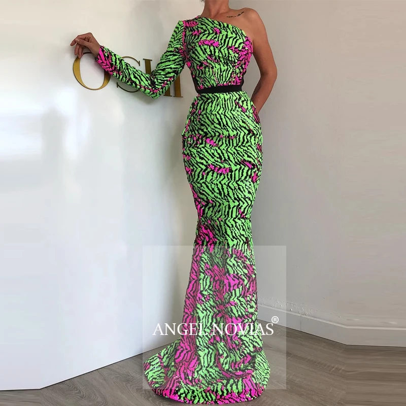 

Long Sleeves Green One Shoulder Mermaid Evening Dress 2020 Formal Prom Gowns 2021 vestido sirena largo