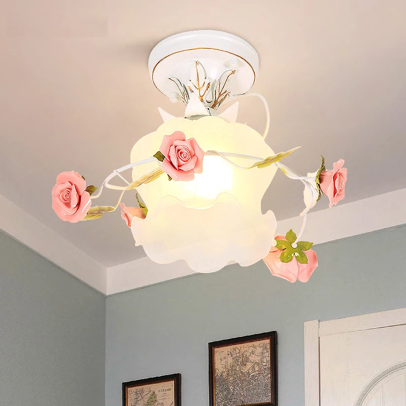 

Flower Rose Ceiling Lamp European Metal Alloy Base Glass Lampshade Pendant Lights Lobby Hallway Top Lighting Fixture D132