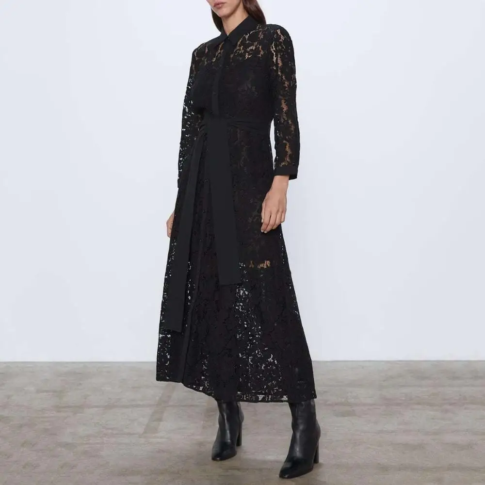 Женское шелковое платье с длинным рукавом ZA черное отложным воротником и