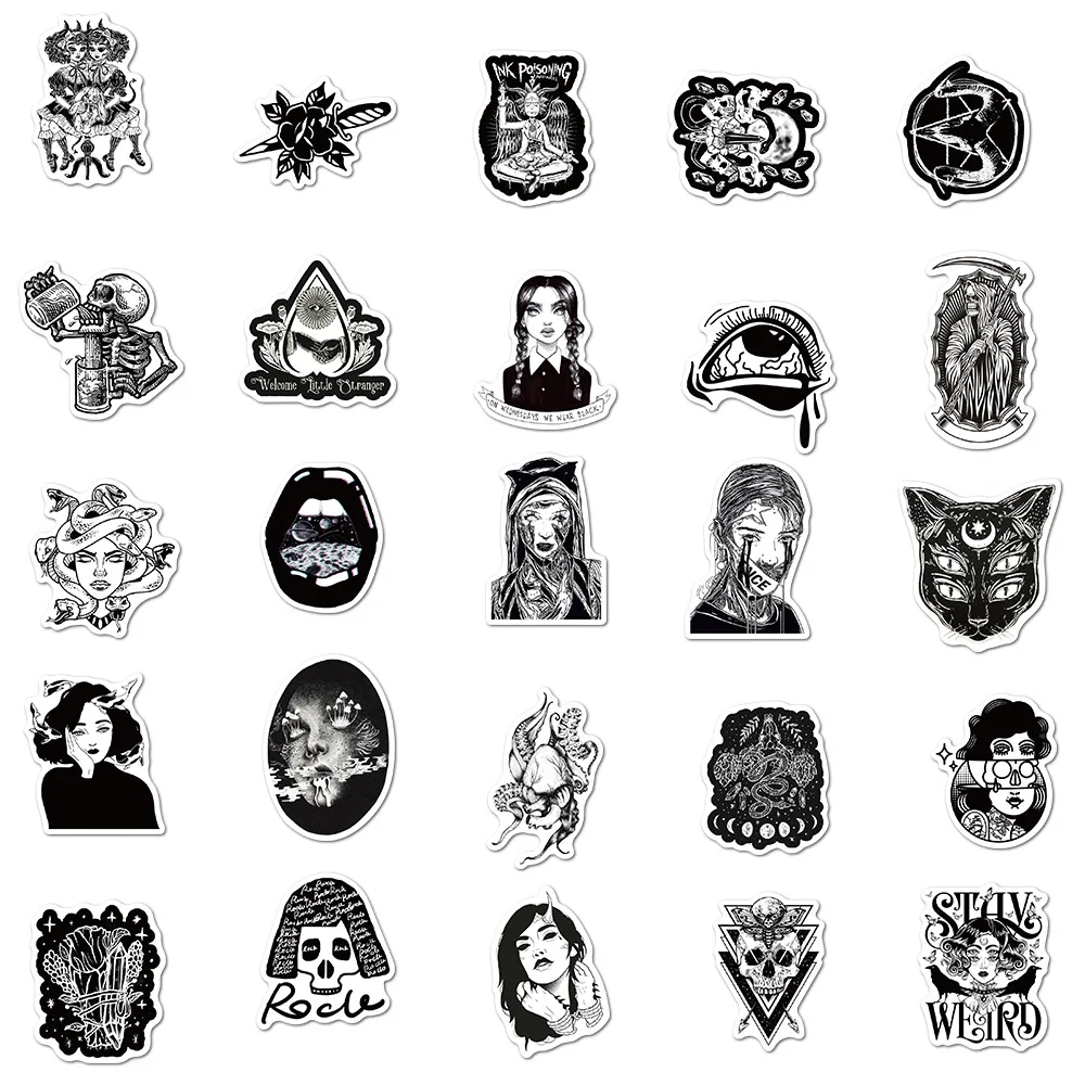50100pcs black white punk style gothic horror graffiti stickers laptop guitar phone car waterproof cool sticker decal kid toy free global shipping