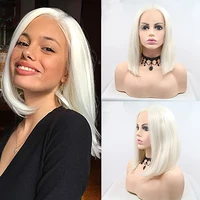 transparent cosplay platinum blonde short bob synthetic lace front wigs middle part straight heat resistant fiber frontal hair