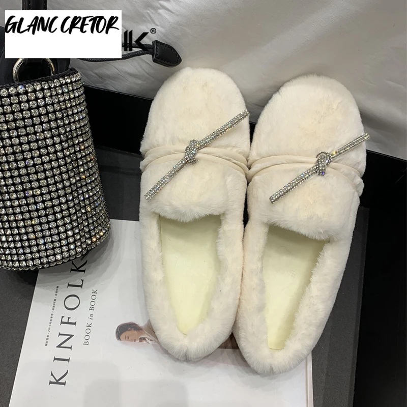 

Женские меховые туфли, лоферы на плоской подошве, Со стразы и бантом, плюшевые, Роскошные, 2021