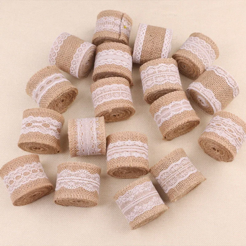 Natural Burlap Ribbon Roll with White Lace DIY Home Decoration Rustic Wedding Favor Decorations | Дом и сад