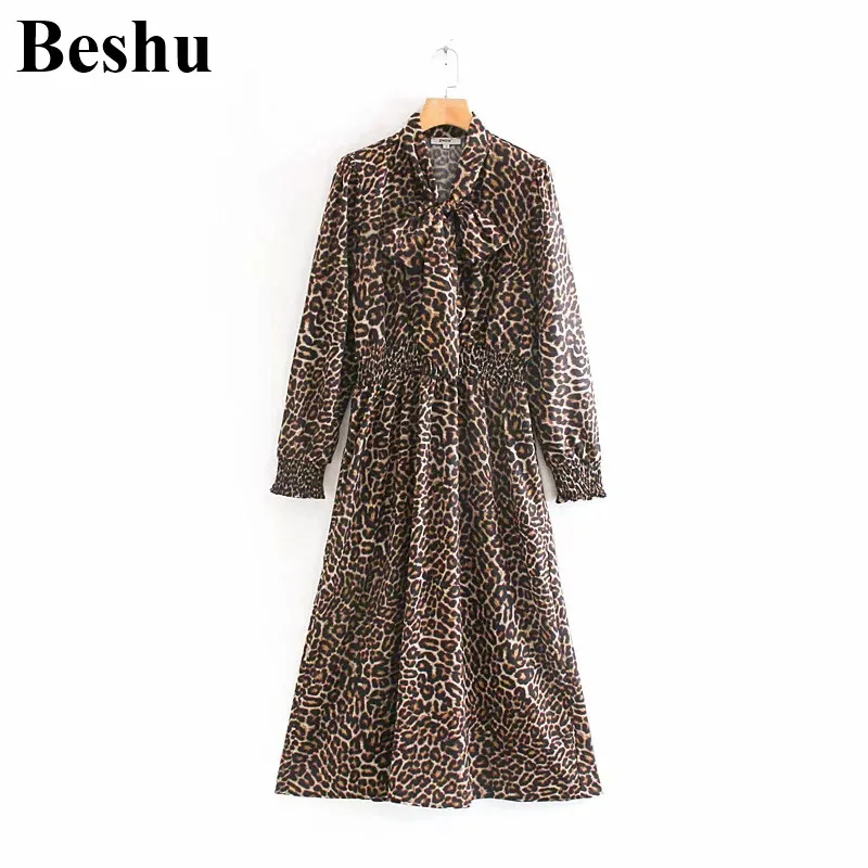 Модное платье ZA стоячий воротник бант Леопардовый принт длинный рукав
