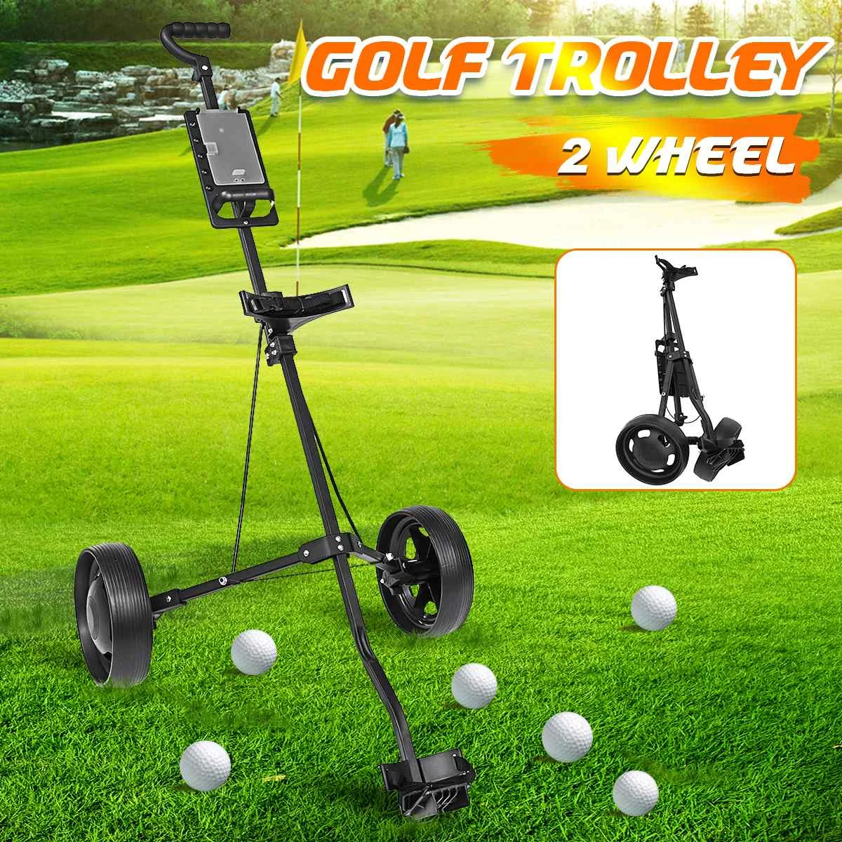 Golf Pull Cart Iron Black Adjustable Golf Trolley Cart 2 Wheels Push Pull Golf Cart Aluminium Alloy Foldable Trolley With Brake