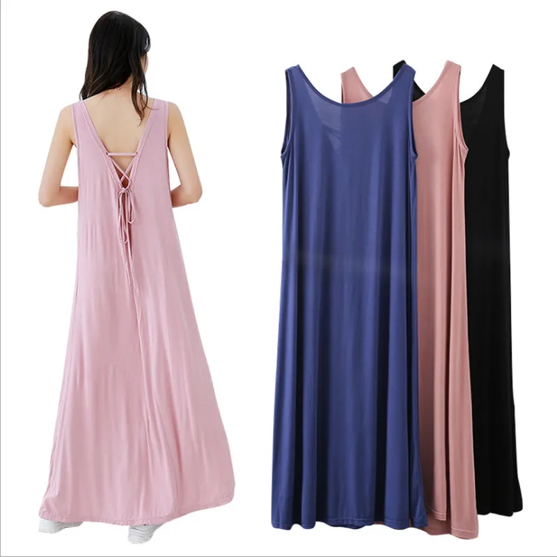 

Plus size Women's Nightgowns modal material sexy cross at back causal brief floor length softy summer sleep dress for ladies