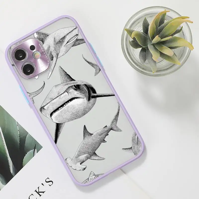 

shark cool Phone Case For iPhone 12 11 Mini Pro XR XS Max 7 8 Plus X Matte transparent Purple Back Cover