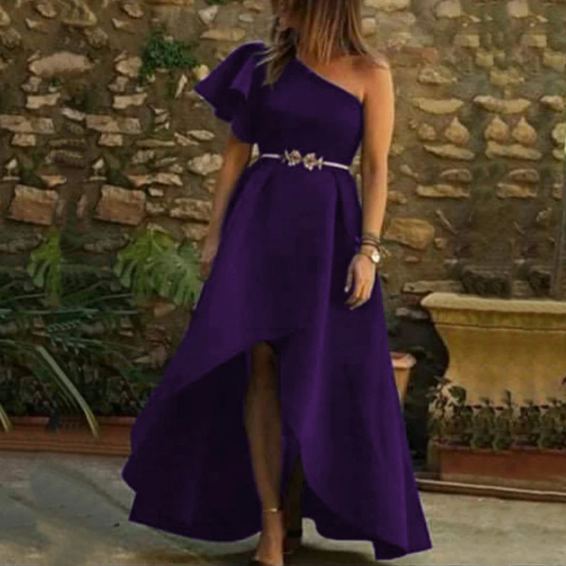 

Women Elegant Ruffle Skew Collar Dress Sexy Backless Butterfly Sleeve Party Dress Retro Off Shoulder Solid Irregular Long Dress