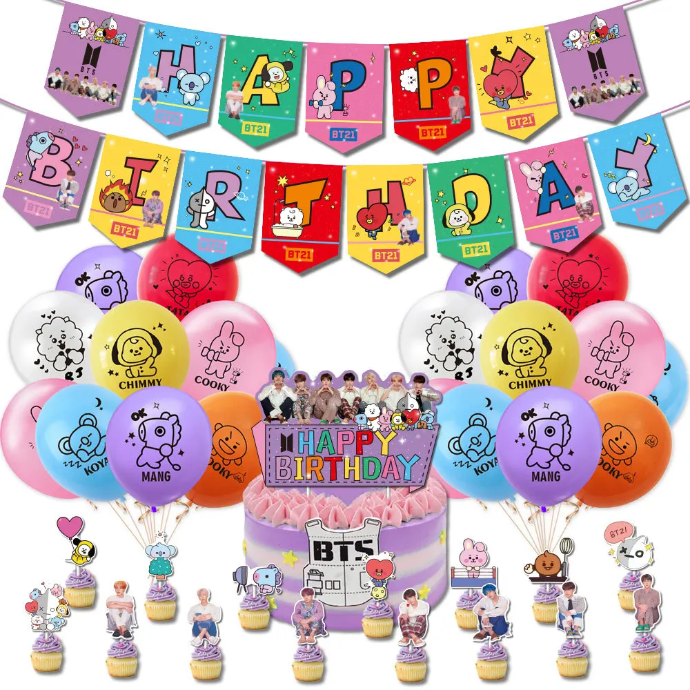 

Bangtan Theme Party Decorations Printed Balloons Happy Birthday Banner Streamer Character Cake Toppers Kids Room Party Decor