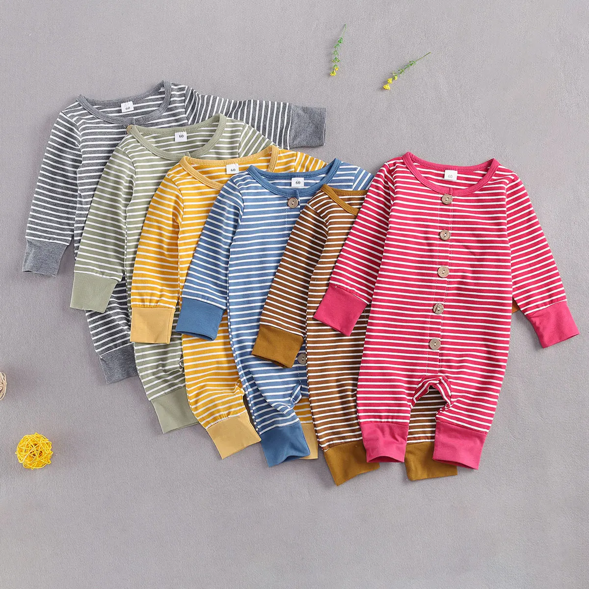 

Комбинезон в полоску с длинными рукавами и круглым вырезом для новорожденных, детские комбинезоны для малышей, одежда на пуговицах на весну...