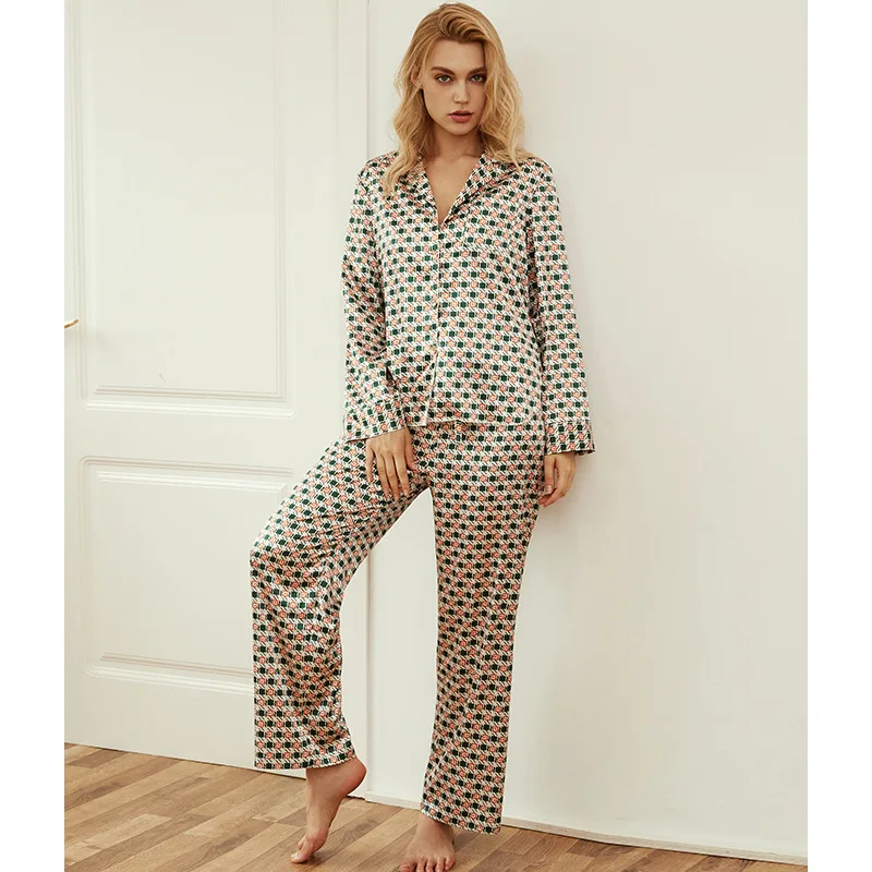 New ice silk pajamas female spring and summer style of European and American wind silk long sleeve thin home dress female suit