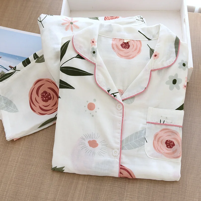 South Korea Summer Hot Selling Fresh Flowers Ladies Long Sleeve Pajamas Set Cotton Gauze Casual And Comfortable Women Pajamas