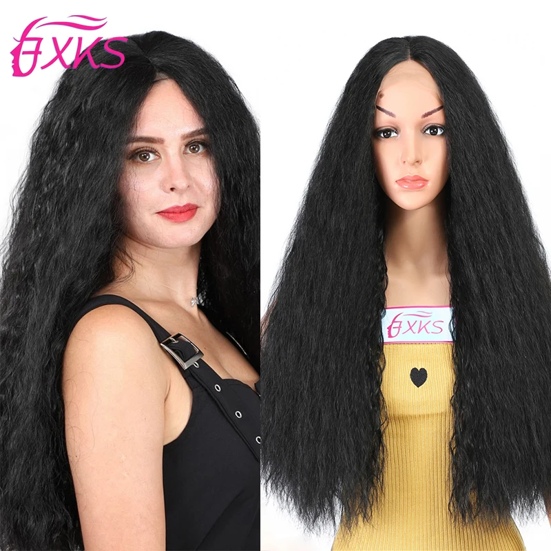 

Натуральные синтетические кружевные передние парики Yaki, прямые вьющиеся волосы, черные блонд цвета, кружевные парики, средней части, длинны...