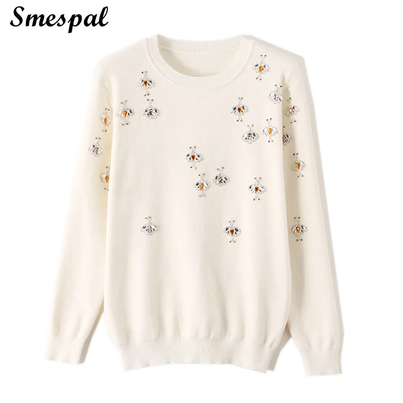 Зимний женский свитер шикарные вязаные пуловеры с маленькими пчелами Стразы -