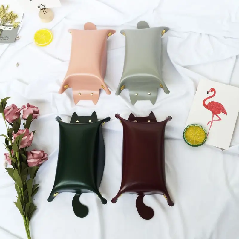 Кожаный лоток для хранения в форме кошек милый поднос ключей монет макияжа с