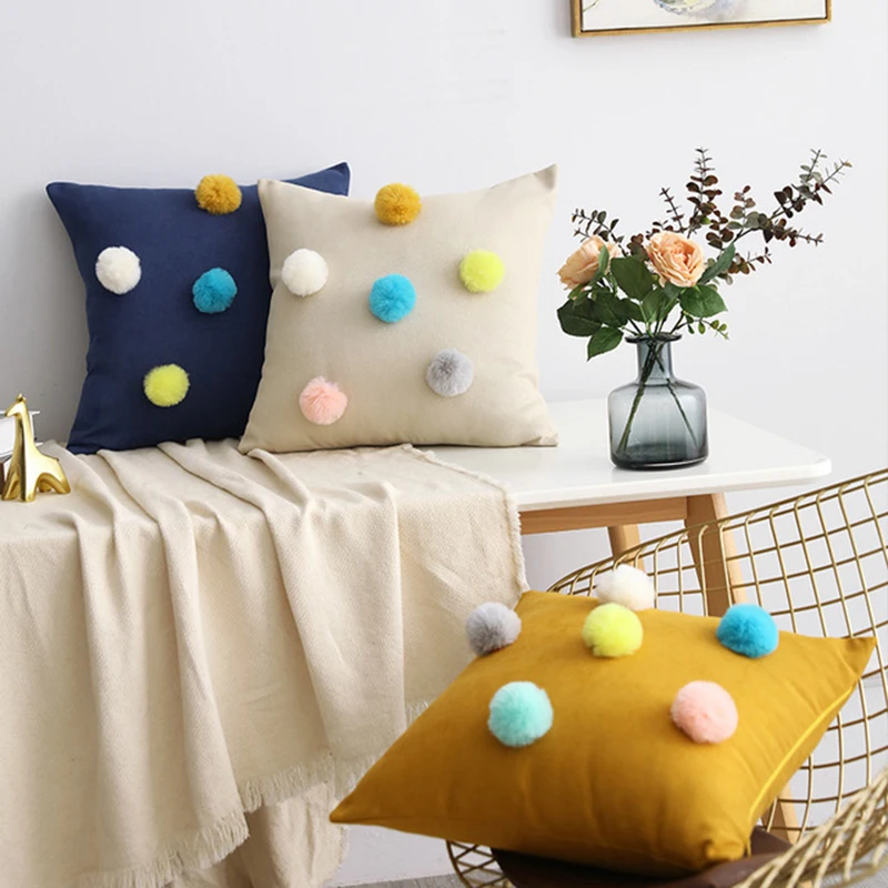 

New Button Plush Ball Cushion Cover Velvet Throw Pillowcase Pure Color Flannel Pillow Cover for Living Room Car Office 45*45cm
