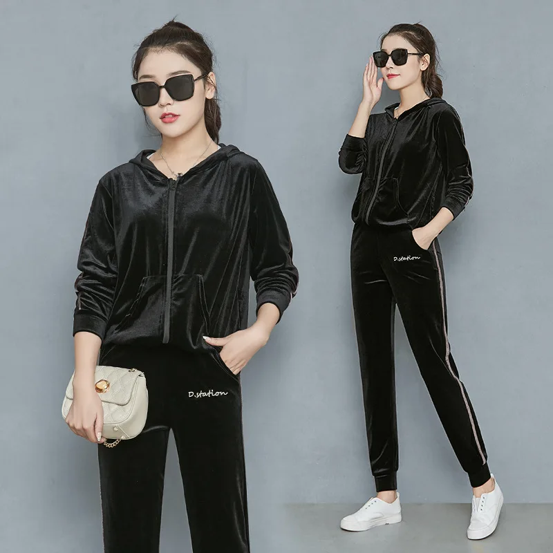 Black set small Осенняя и зимняя женская куртка спортивная модная повседневная мягкая велюровая Толстовка комплект из 2 предметов пуловер с длинными рукавами спортивные костюмы - Цвет: Black set small