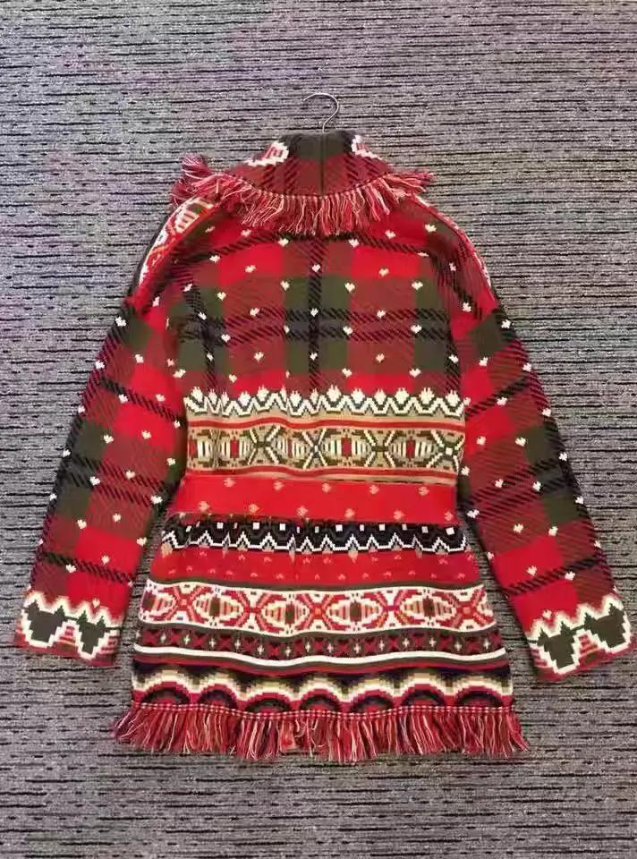 

TEELYNN Long Sleeve Sweaters Cardigan Women Coat Jacket Boho Ethnic Red Jacquard Fringe Cashmere Christmas Winter Warm Jumpers