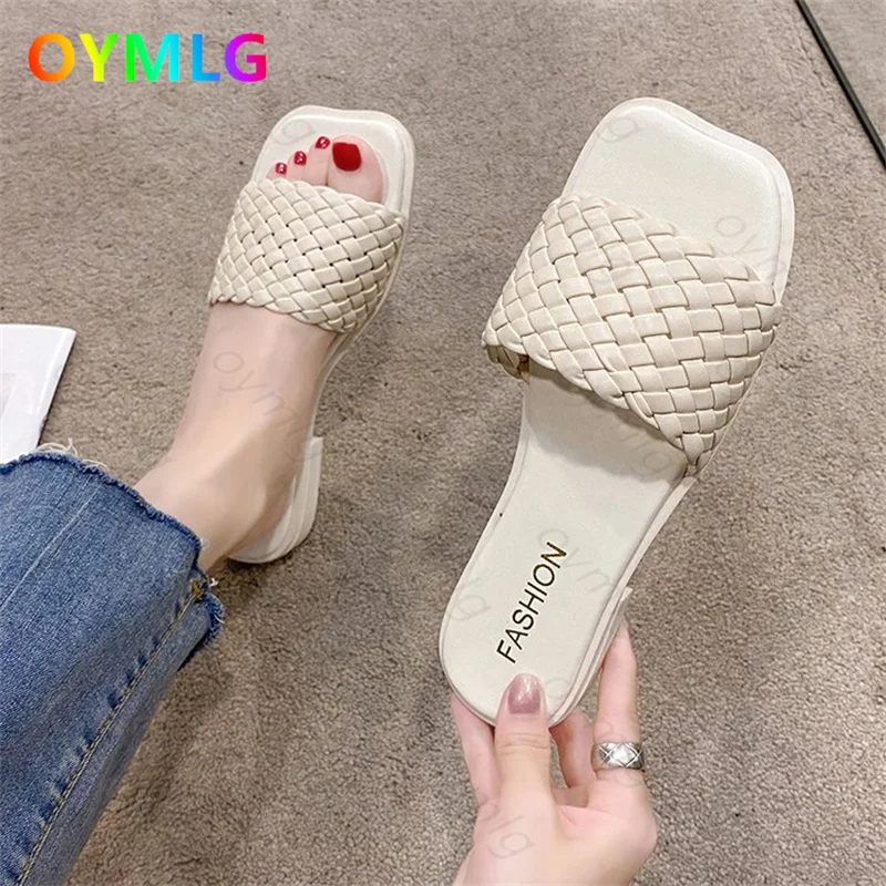 

Summer Slipper Open Toe Flat Woman Slides Solid Leather Beach 2021 New oymlg House Sapatos Femininos Zapatillas Casa Mujer
