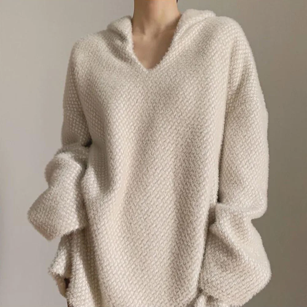 

Sweater Women Lapel V-neck Imitation Mink Fur Long-sleeved Top Loose 2021 Autumn Ladies Pullover Minimalist Style Jersey Mujer