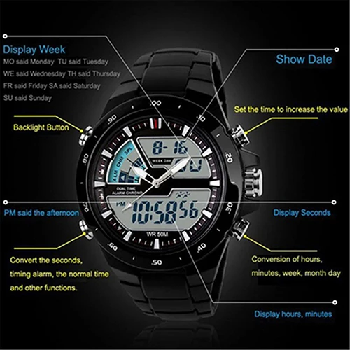 SKMEI 1016 многофункциональные водонепроницаемые цифровые часы из нержавеющей стали