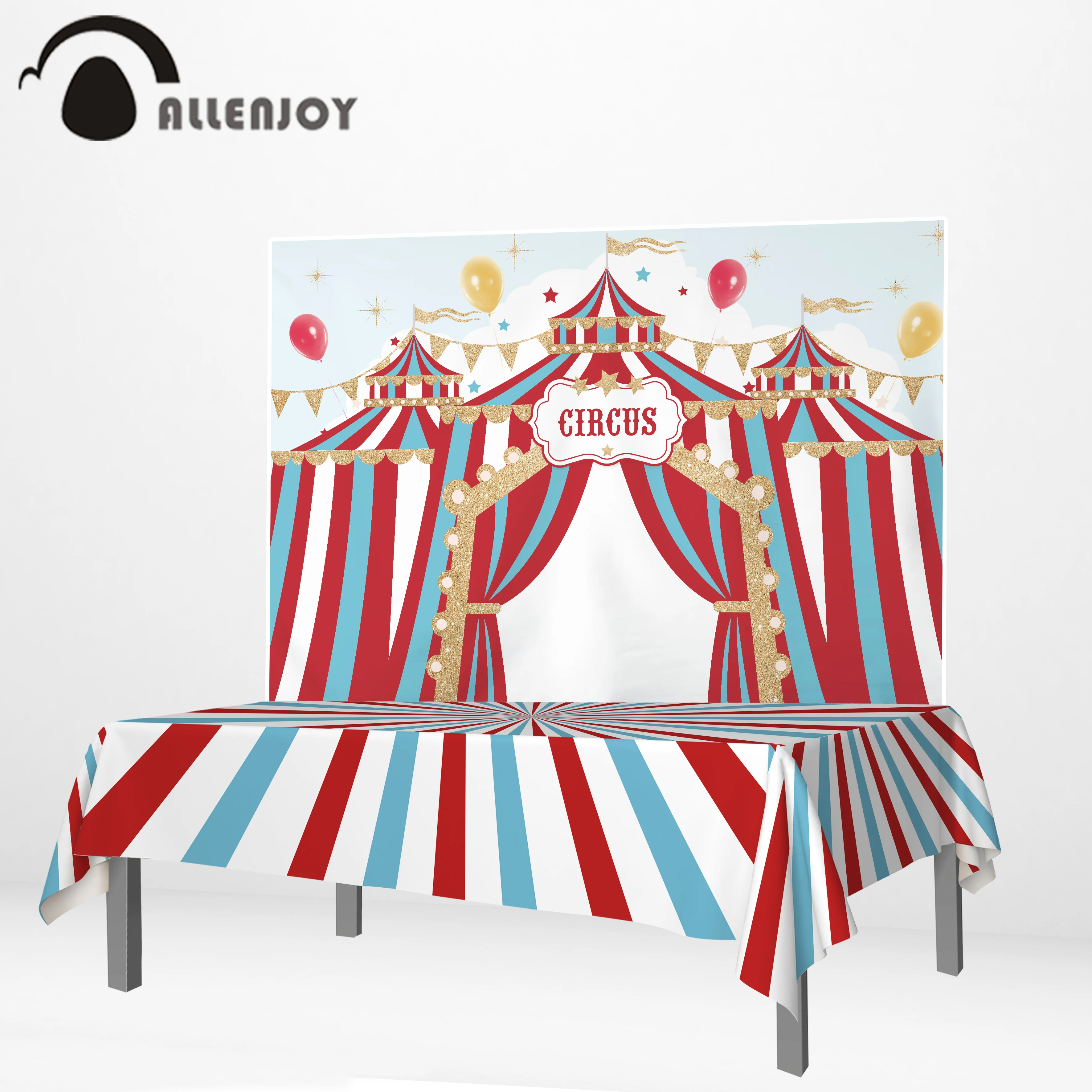 Allenjoy tablecloth photocall backdrop circus party golden flag blue red stripe birthday celebration children balloon tablecover |