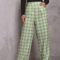 2021 womens new winter solid color slim green plaid pants female indie all match wide leg casual pants fall clothes for woman