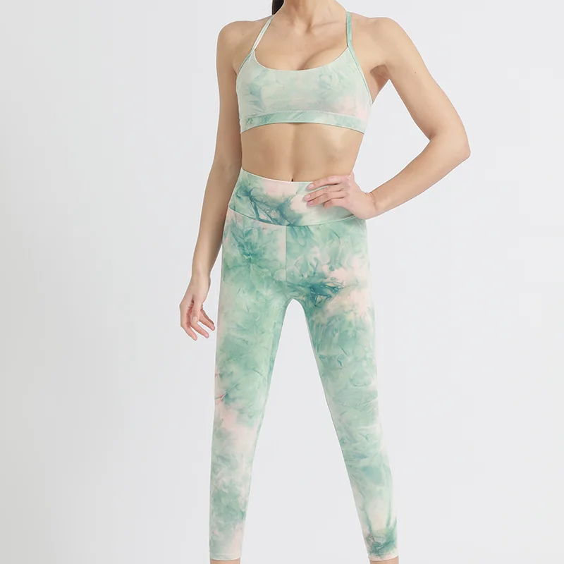 

New tie dyed 2 pieces yoga set summer tracksuit Running fitness workout gym bra women Sports clothing suit pants leggings