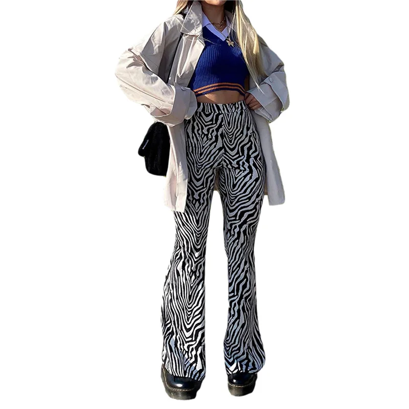 

Hirigin 2021 New Pants Women Casual Wide-leg Pants Summer Adults Zebra-stripe Print High Waisted Trousers