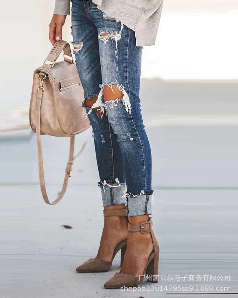 

WEPBEL High Waist Pencil Ripped Hole Jeans Women Stretch Skinny Vintage Denim Pants Boyfriend Elastic Trouser