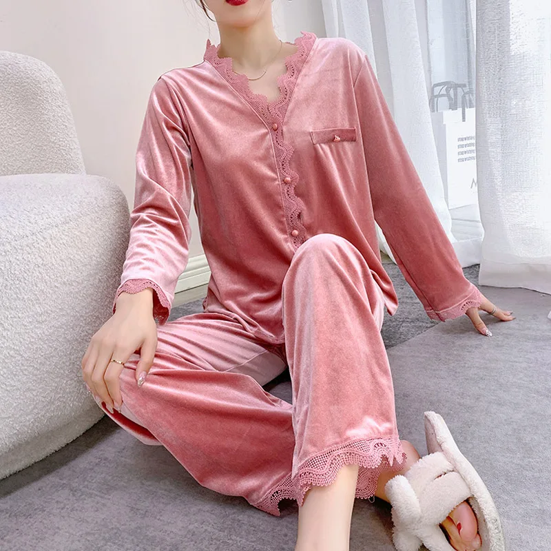 Pajamas for Women New Autumn and Winter Women's Pajamas Gold Velvet Long-sleeved Cardigan Suit Sexy Lace Home Service Sleepwear