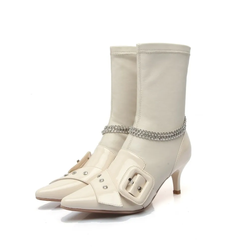 

OLOMLB для женщин с заостренным носком и застежкой на ремешке женские ботильоны из натуральной кожи с металлическими цепочками; Сандалии на вы...