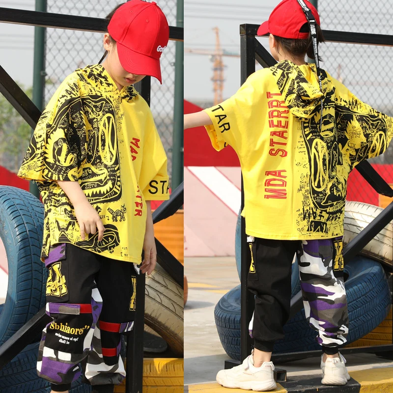 

Летний детский костюм в стиле хип-хоп, Корейская красивая одежда для джазовых танцев и выступлений, свитер с коротким рукавом и капюшоном, о...