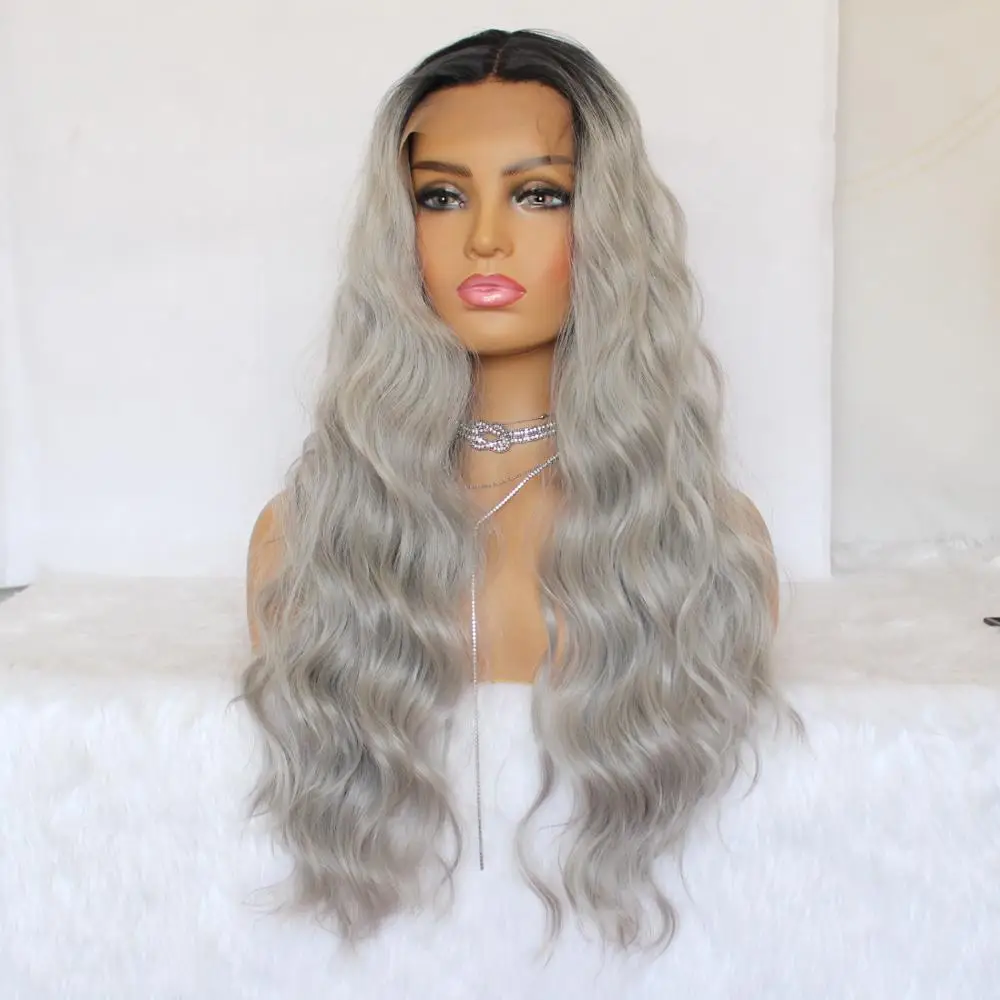 

Long Body Wave Hair Lace Wigs Gray Color Pre-Colored Wig Synthetic Lace Front Wigs for Black Women Ladies