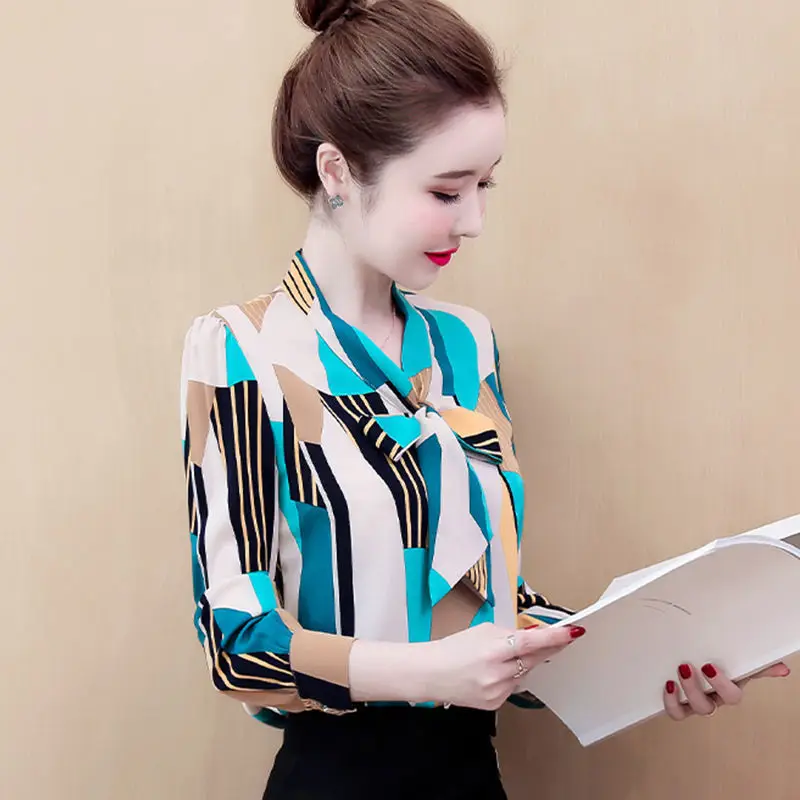 

Blouse Women Printed Long Sleeve 2020 Autumn Bowknot Shirt Blusas Ropa De Mujer