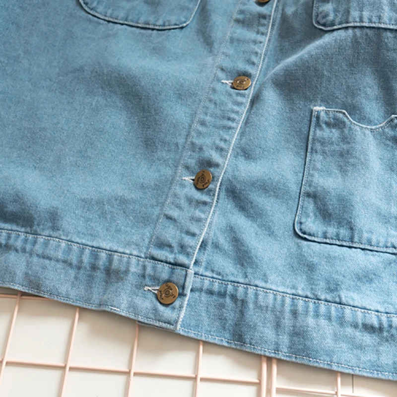 

2020 New Strawberry Cake Oversized Long Sleeve Denim Jacket Patch Embroidery Cute Turn Down Collar Coat